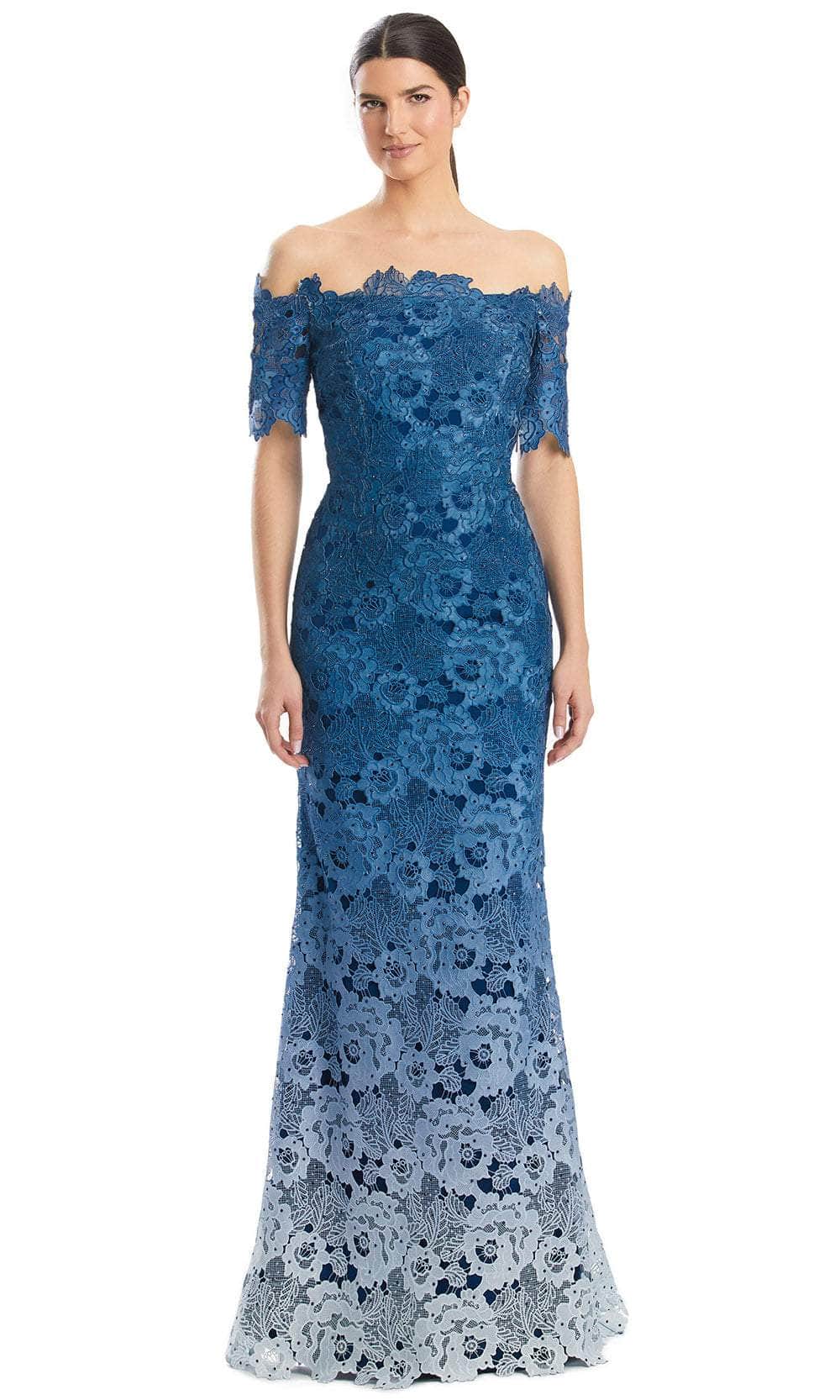 Alexander by Daymor 1976S24 - Short Sleeves Lace Applique Prom Dress Prom Dresses 4 / Navy Ombre