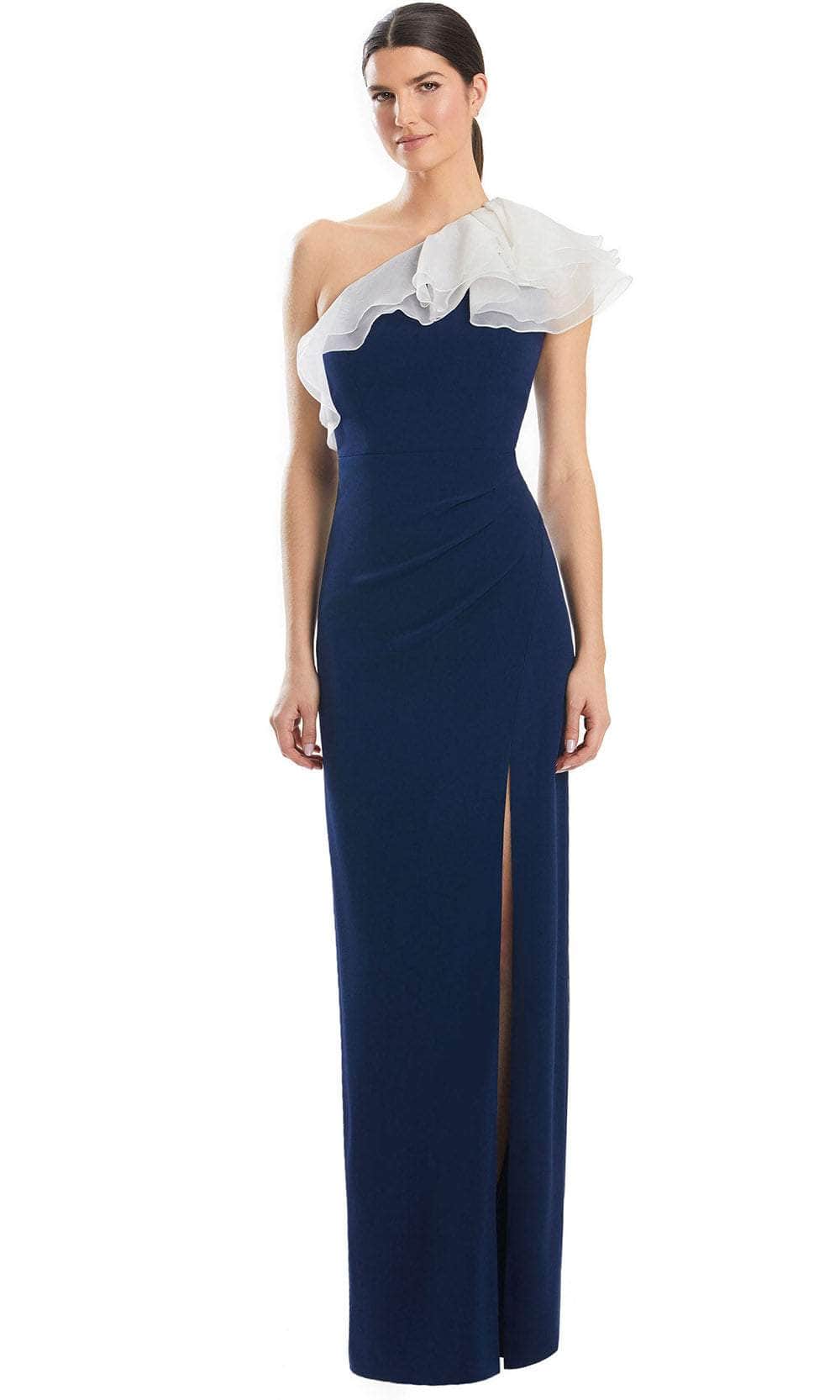 Alexander by Daymor 1982S24 - One-Sleeve Ruffle Detailed Prom Gown Prom Dresses 4 / Midnite/White