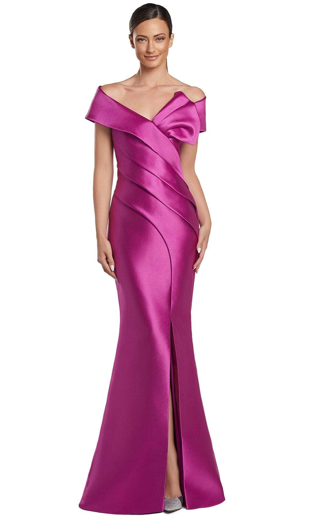 Alexander by Daymor 2052F24 - Pleated Bodice Off Shoulder Evening Gown Mother Of The Bride Dresses 4 / Fuchsia