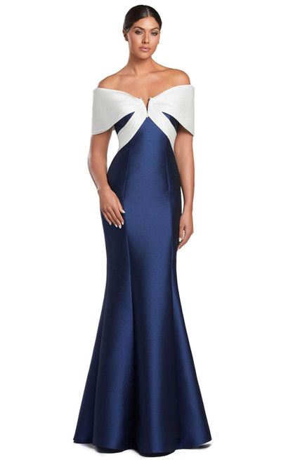 Alexander by Daymor 2053F24 - V-Neck Seam Sculpted Evening Gown Prom Dresses 4 /  Navy/White