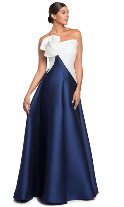 Alexander by Daymor 2068F24 - Asymmetric Neck A-Line Evening Gown Formal Gowns 4 /  Navy/White