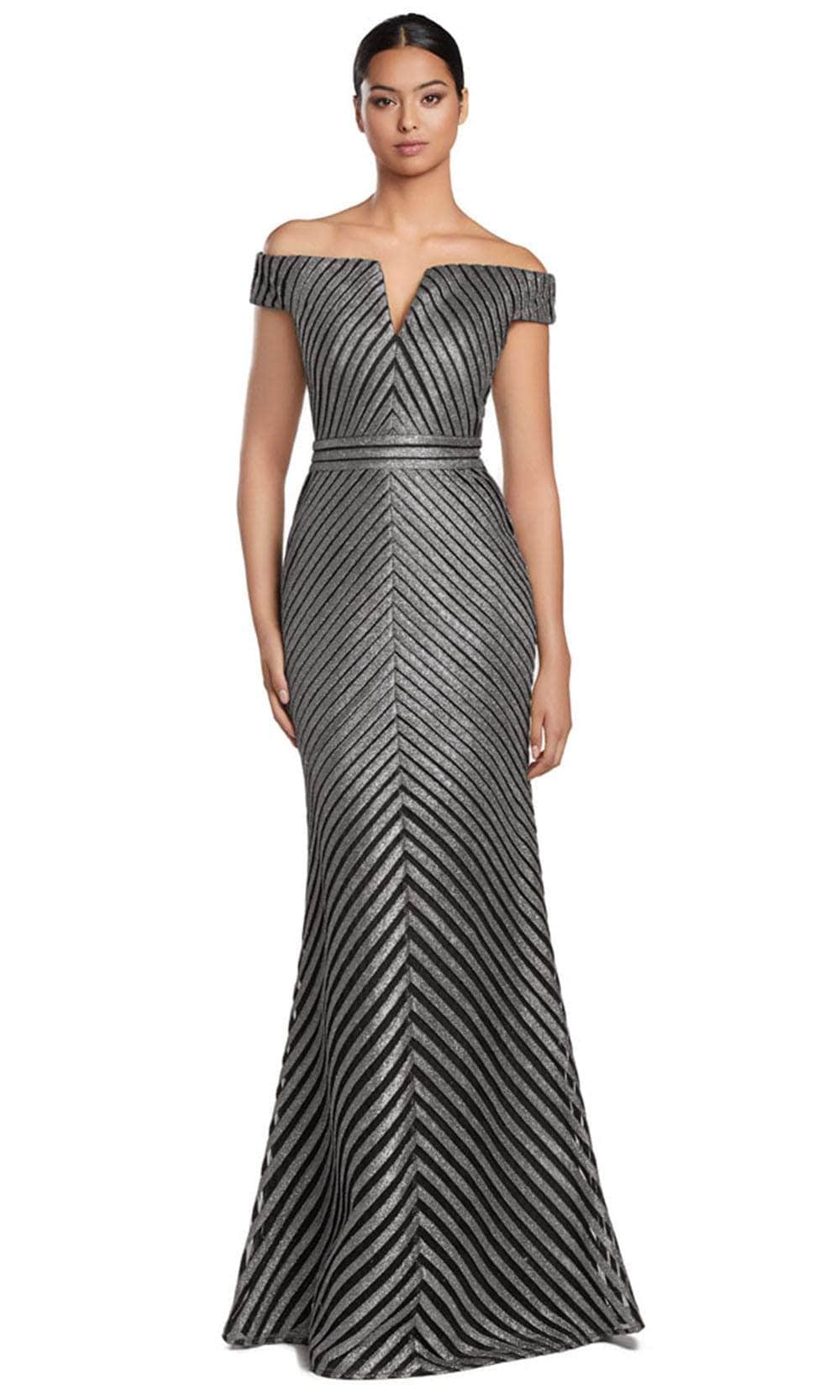 Alexander by Daymor 2076F24 - Off-Shoulder V-Neck Long Gown Mother of the Bride Dresses 4 / Pewter