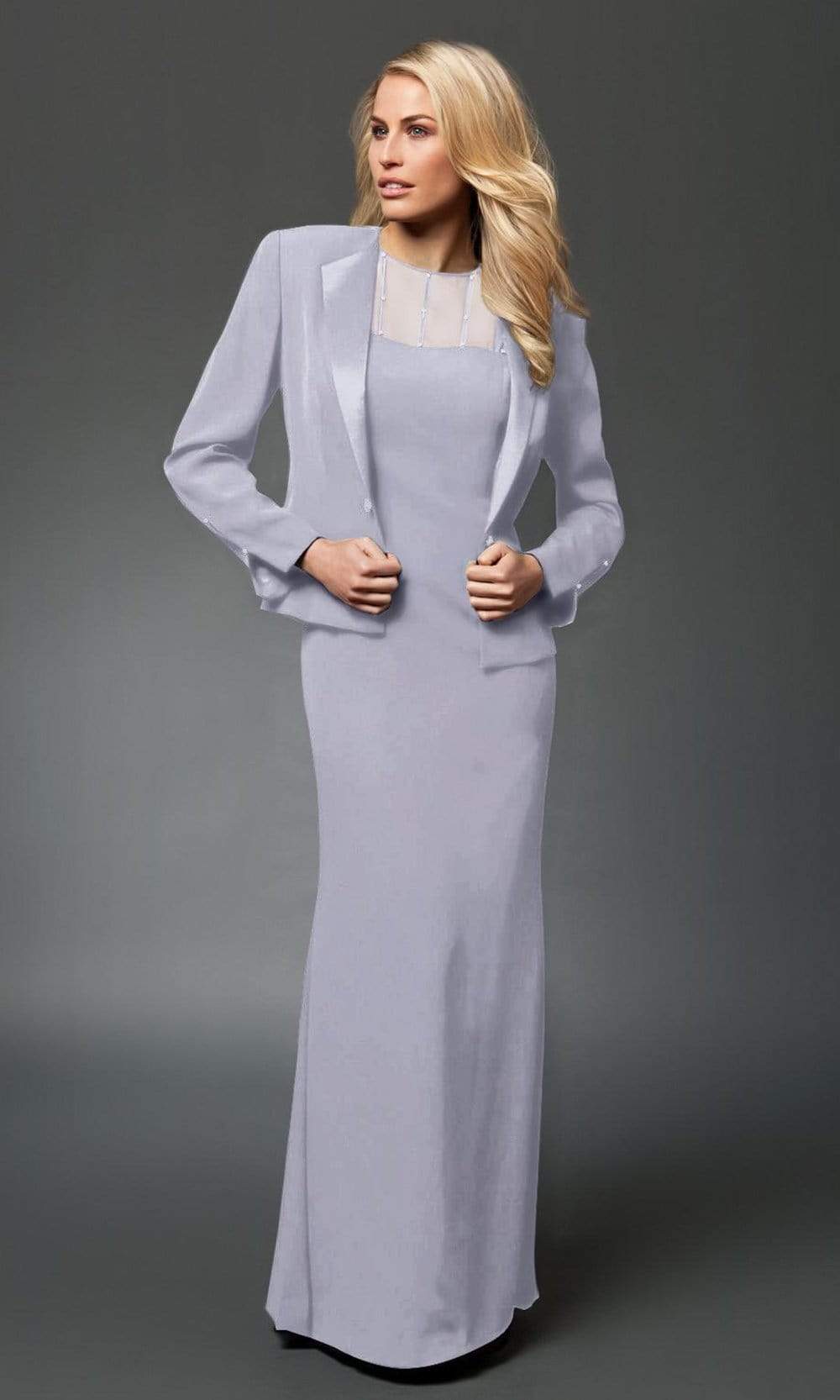 Alexander by Daymor - 2105 Classy Sheer Beaded Yoke Sheath Gown With Jacket Mother of the Bride Dresses 2 / Soft Blue