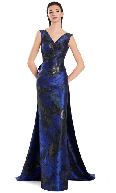 Alexander by Daymor 3043DS25 - V-Neck Column Gown with Overskirt Evening Dresses 4 / Navy/Blue Multi