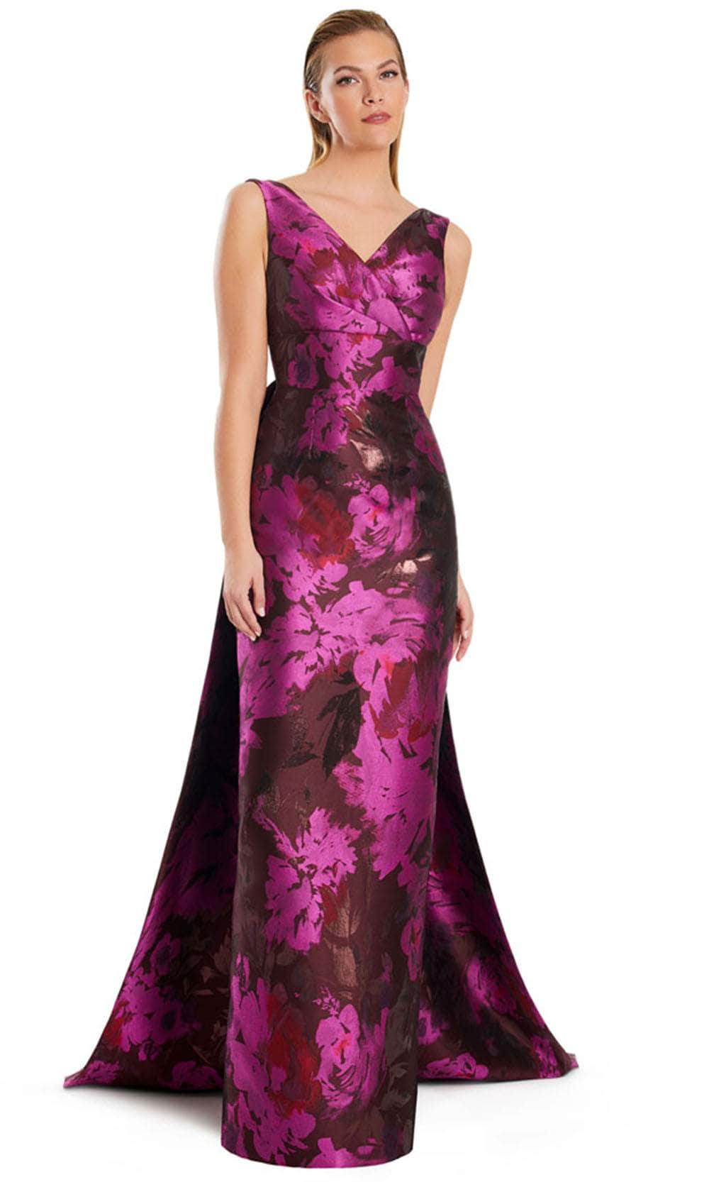 Alexander by Daymor 3043DS25 - V-Neck Column Gown with Overskirt Evening Dresses 4 / Wine/Fucha Multi