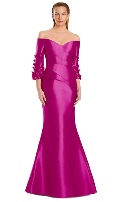 Alexander by Daymor 3049S25 - Off-Shoulder Floral Applique Dress Mother of the Bride Dresses 4 / Fuchsia