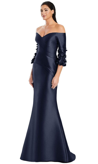 Alexander by Daymor 3049S25 - Floral Applique Quarter Sleeve Gown Mother of the Bride Dresses 4 /  Navy