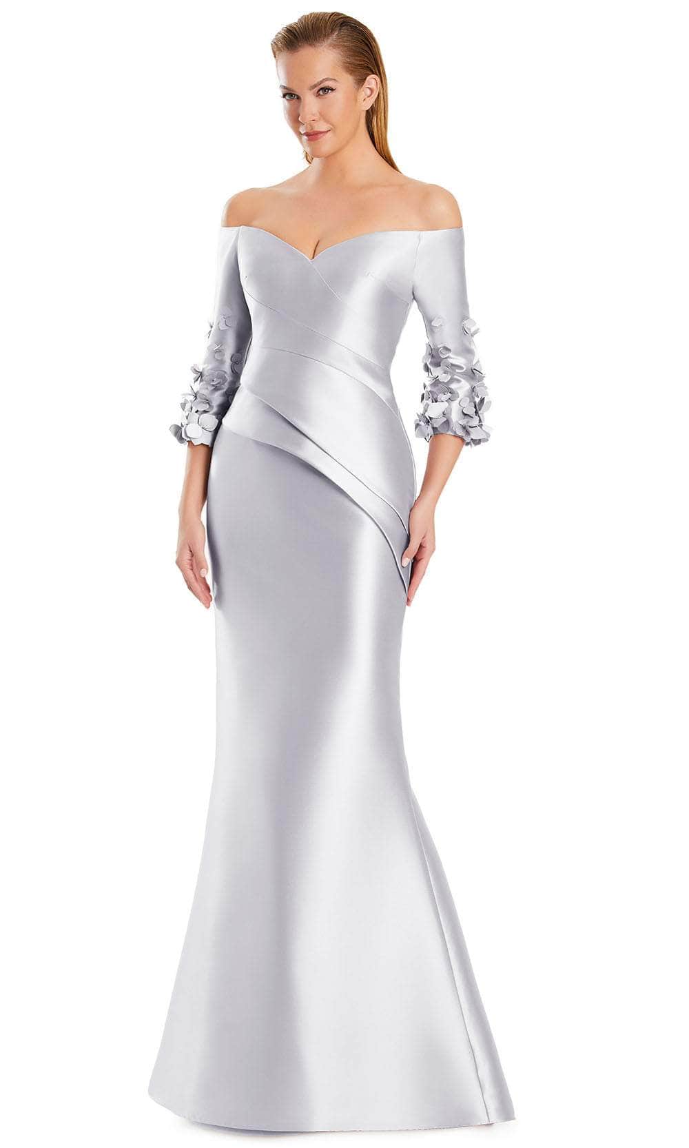 Alexander by Daymor 3049S25 - Off-Shoulder Floral Applique Dress Mother of the Bride Dresses 4 / Platinum