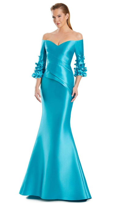 Alexander by Daymor 3049S25 - Floral Applique Quarter Sleeve Gown Mother of the Bride Dresses 4 /  Turquoise