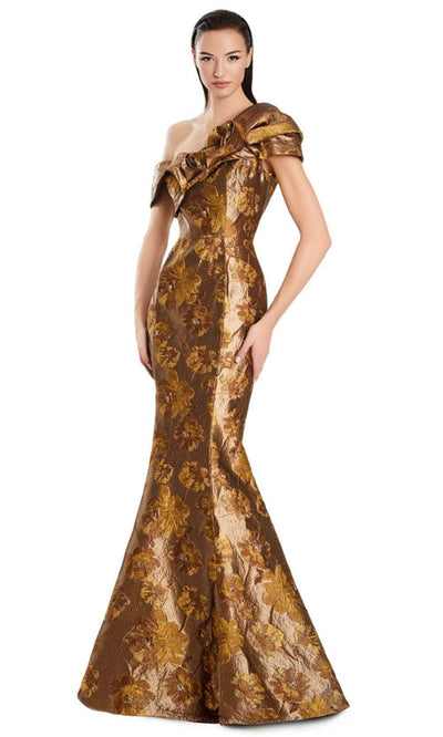 Alexander by Daymor 3050S25 - Asymmetric Floral Print Mermaid Gown Mother of the Bride Dresses 4 / Mocha/Gold