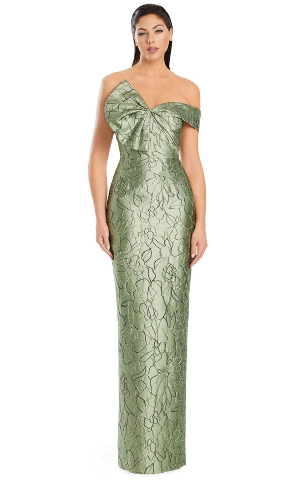 Alexander by Daymor 3053S25 - Asymmetrical Column Gown with Bow Detail Evening Dresses 4 / Sage/Pewter