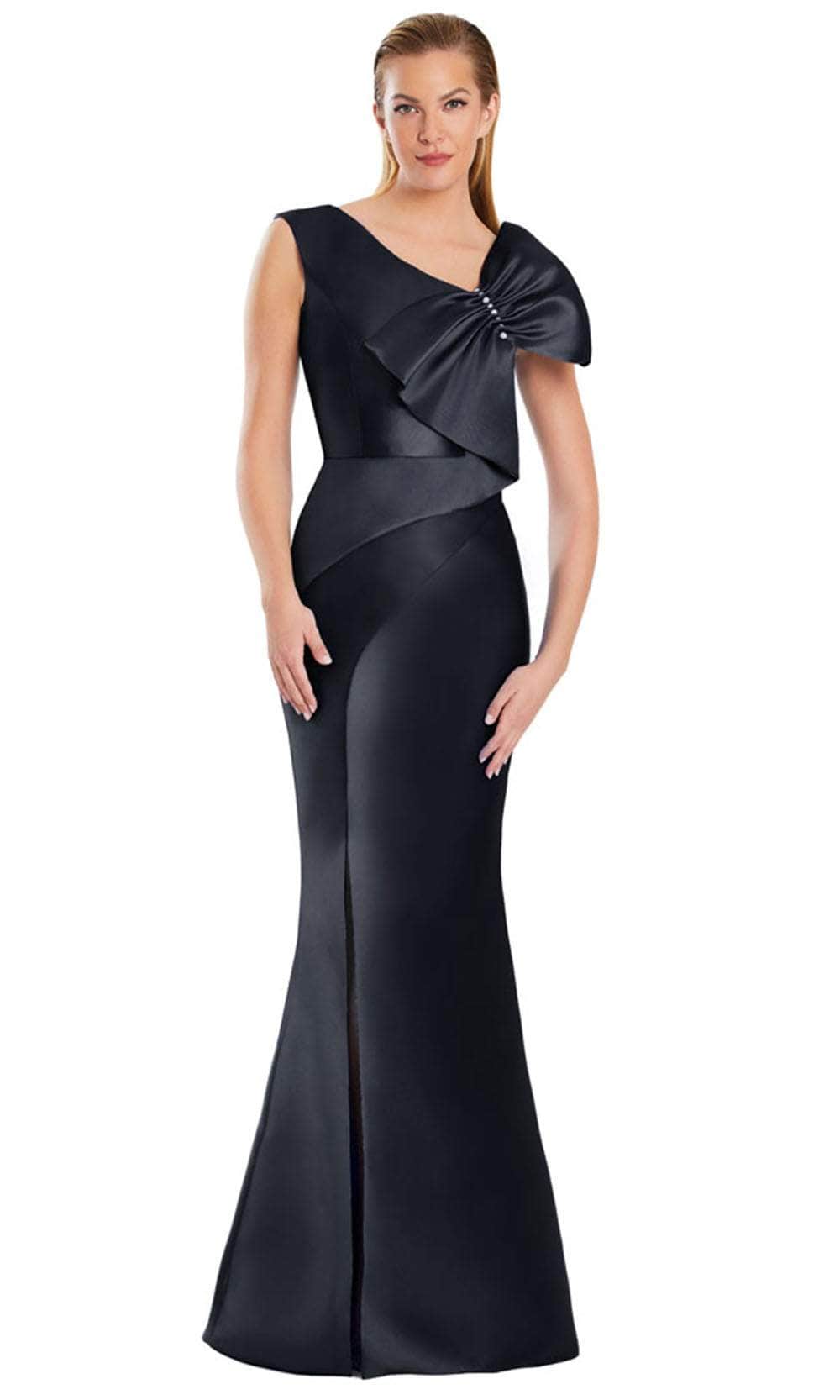 Alexander by Daymor 3055S25 - Asymmetric Neck Bow Detail Mermaid Gown Evening Dresses 4 / Black