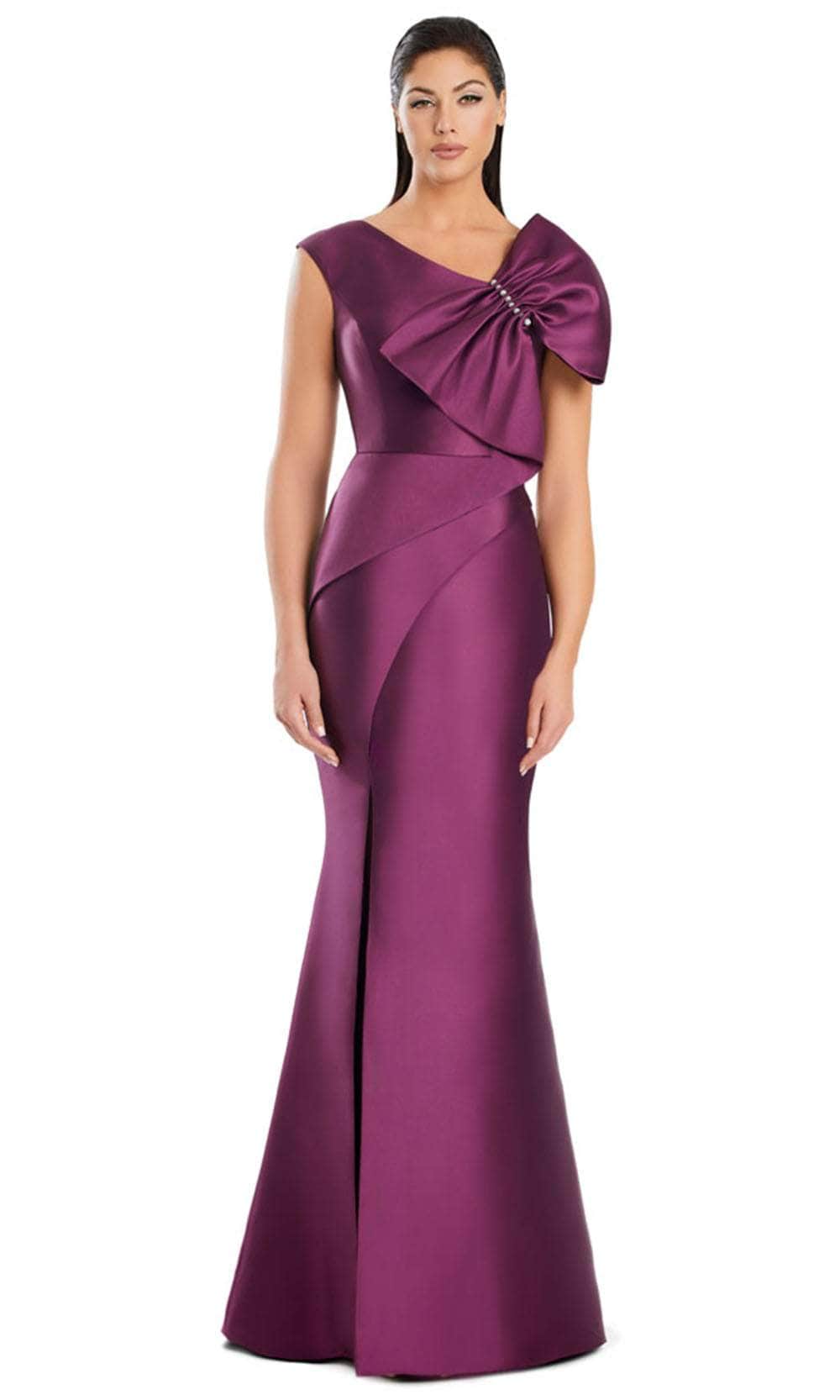 Alexander by Daymor 3055S25 - Asymmetric Neck Bow Detail Mermaid Gown Evening Dresses 4 / Plum