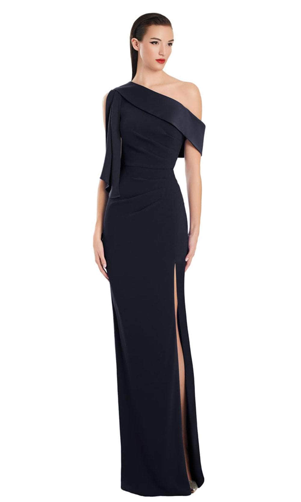 Alexander by Daymor 3058S25 - Draped Sleeve Asymmetrical Sheath Gown Evening Dresses 4 / Black