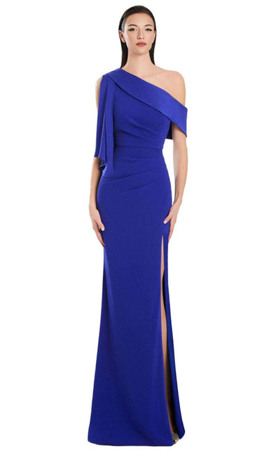 Alexander by Daymor 3058S25 - Draped Sleeve Asymmetrical Sheath Gown Evening Dresses 4 / Sapphire