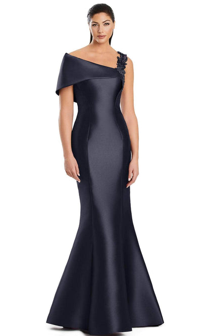 Alexander by Daymor 3060S25 - Beaded Applique Asymmetric Mermaid Gown Evening Dresses 4 / Black