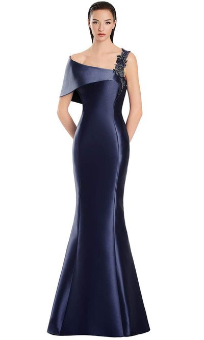 Alexander by Daymor 3060S25 - Beaded Applique Asymmetric Mermaid Gown Evening Dresses 4 / Navy