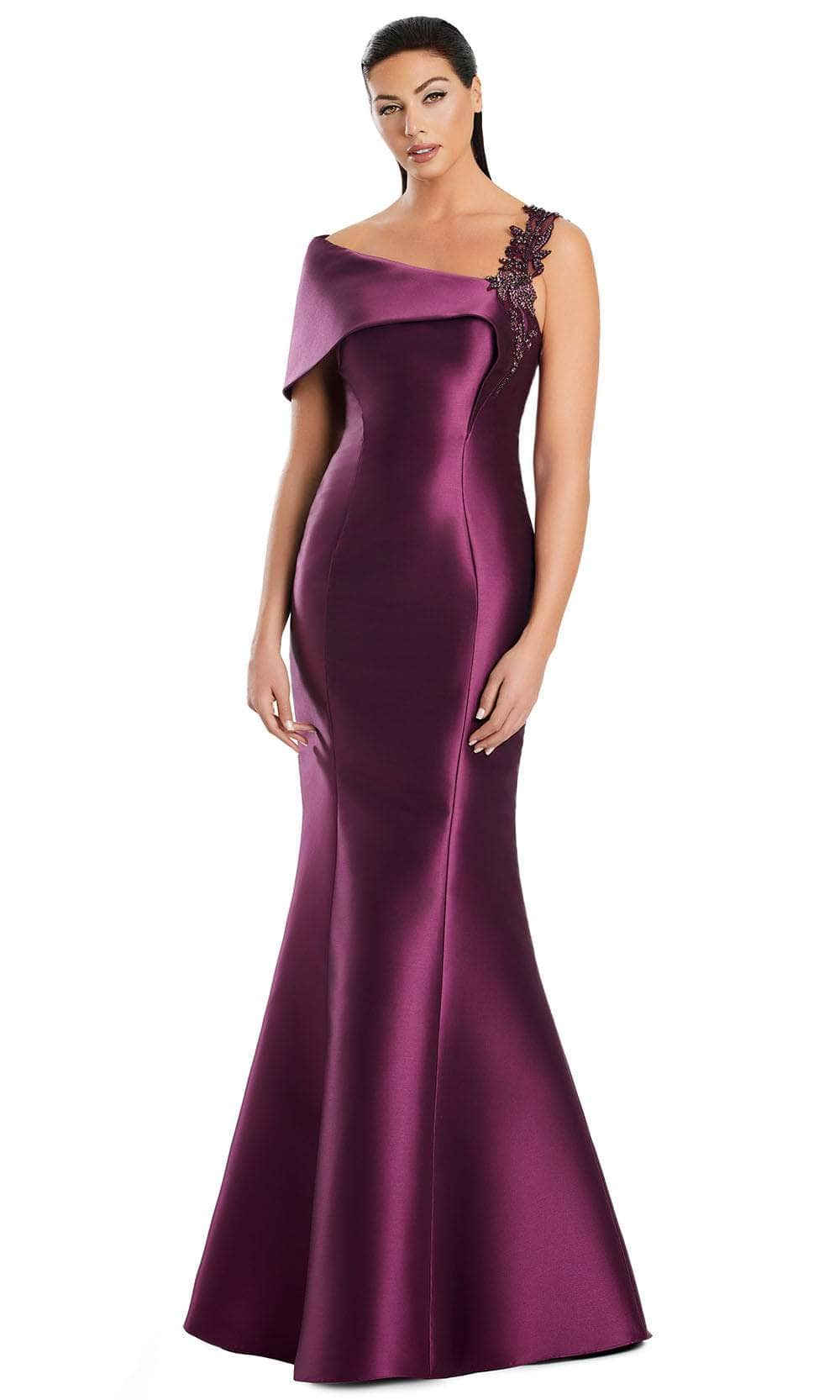Alexander by Daymor 3060S25 - Beaded Applique Asymmetric Mermaid Gown Evening Dresses 4 / Plum