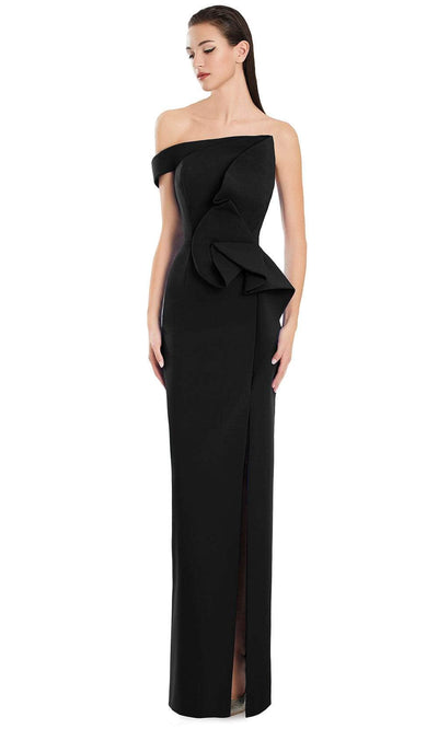 Alexander by Daymor 3065S25 - Asymmetric Neck Ruffled Column Gown Evening Dresses 4 / Black
