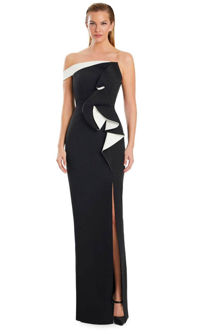 Alexander by Daymor 3065S25 - Asymmetric Neck Ruffled Column Gown Evening Dresses 4 / Black/White