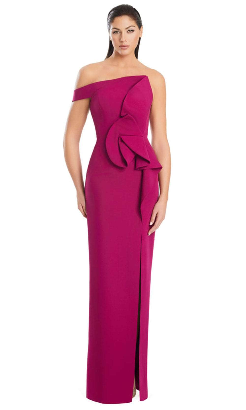 Alexander by Daymor 3065S25 - Asymmetric Neck Ruffled Column Gown Evening Dresses 4 / Magent