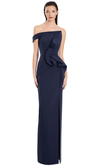 Alexander by Daymor 3065S25 - One Shoulder Column Dress with Ruffle Evening Dresses 4 /  Navy