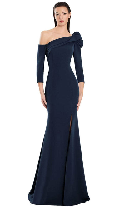 Alexander by Daymor 3069S25 - Asymmetric Neck Draped Sheath Gown Evening Dresses 4 / Navy