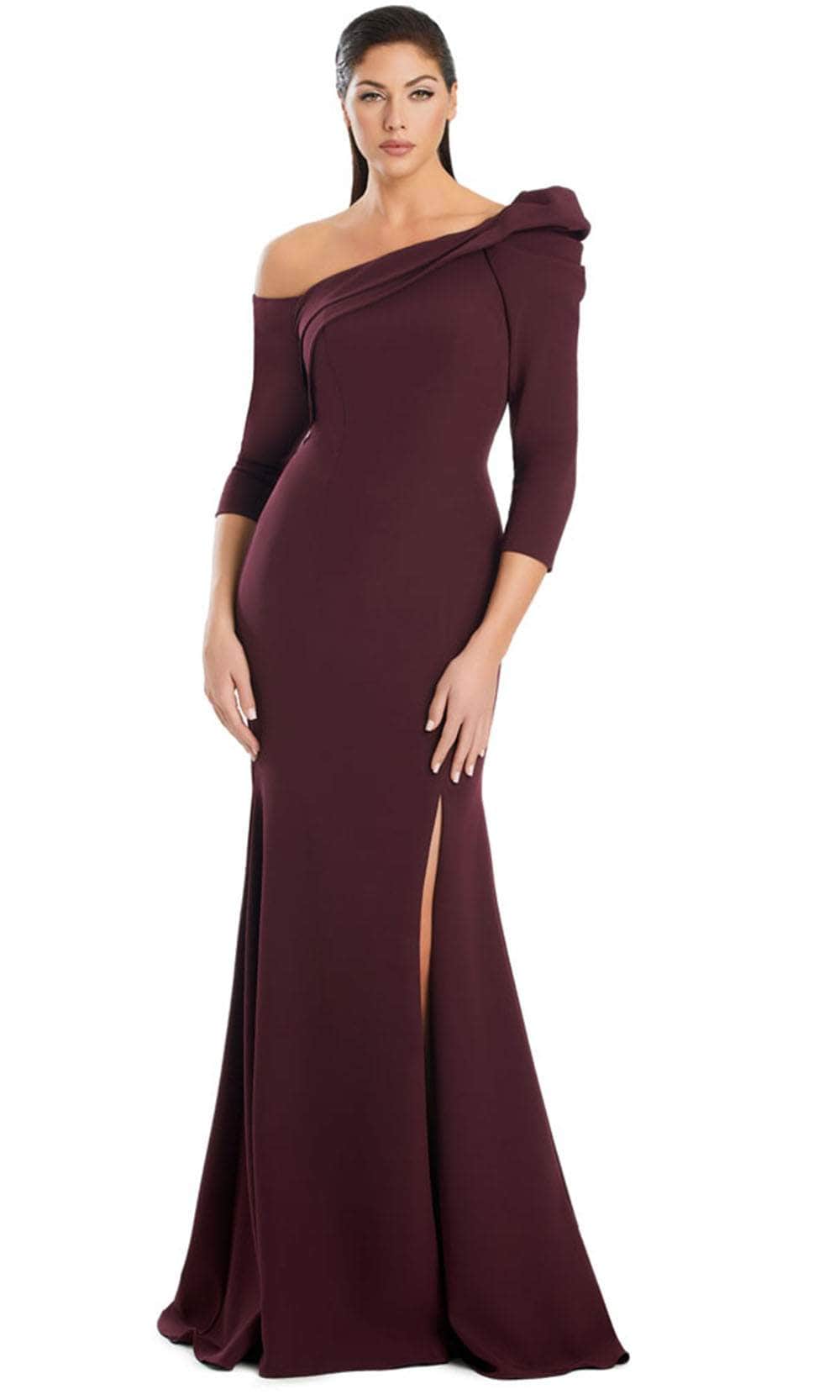 Alexander by Daymor 3069S25 - Asymmetric Neck Draped Sheath Gown Evening Dresses 4 / Wine