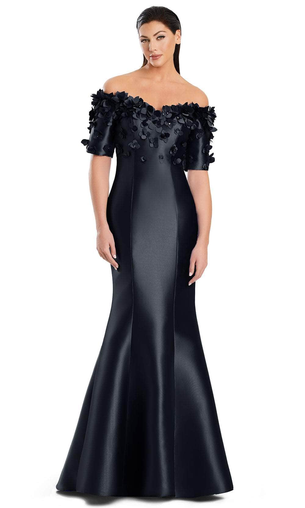 Alexander by Daymor 3084S25 - Floral Applique Off Shoulder Gown Mother of the Bride Dresses 4 / Black
