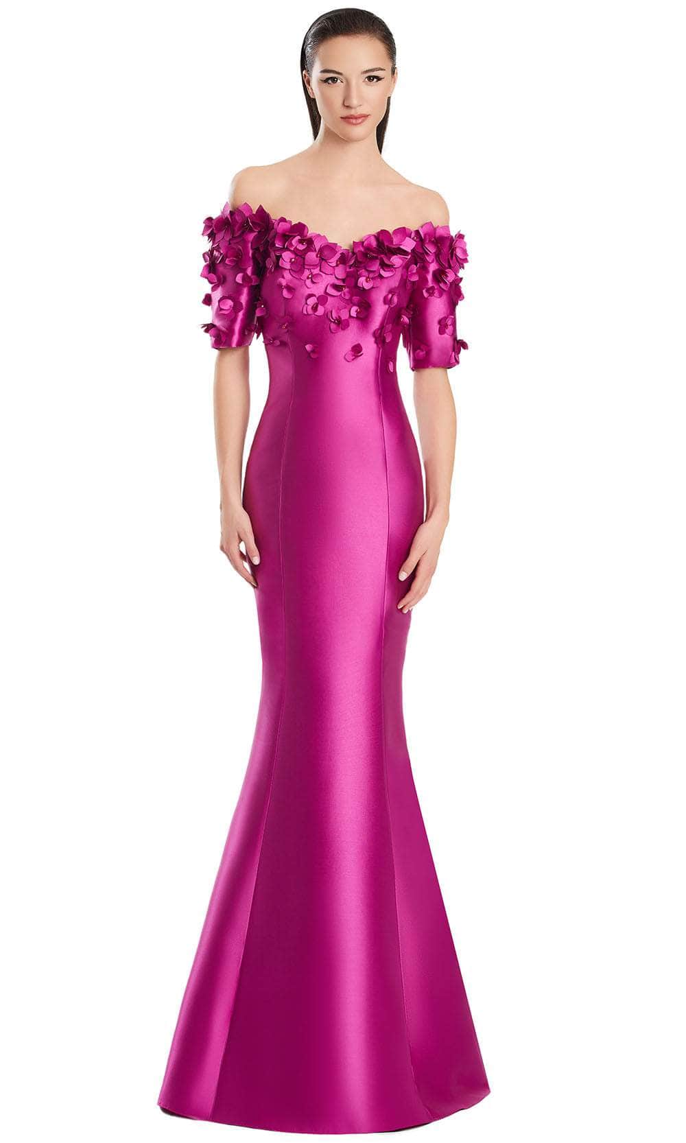 Alexander by Daymor 3084S25 - Floral Applique Off Shoulder Gown Mother of the Bride Dresses 4 / Fuchsia