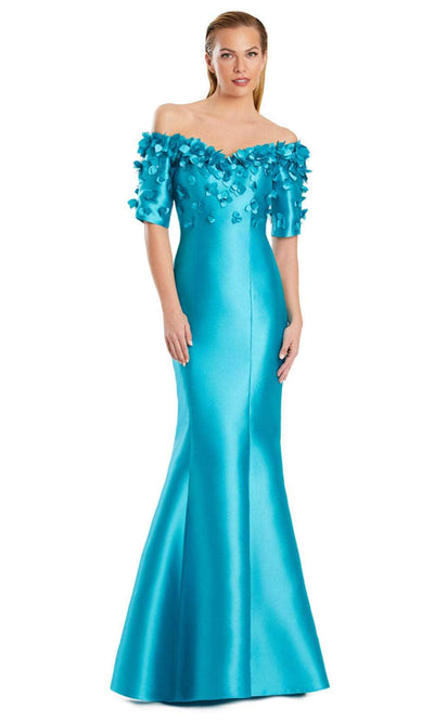 Alexander by Daymor 3084S25 - Floral Applique Off Shoulder Gown Mother of the Bride Dresses 4 / Turquoise