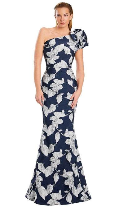 Alexander by Daymor 3085S25 - Sleeveless One Shoulder Textured Gown Evening Dresses 4 / Navy/Silver