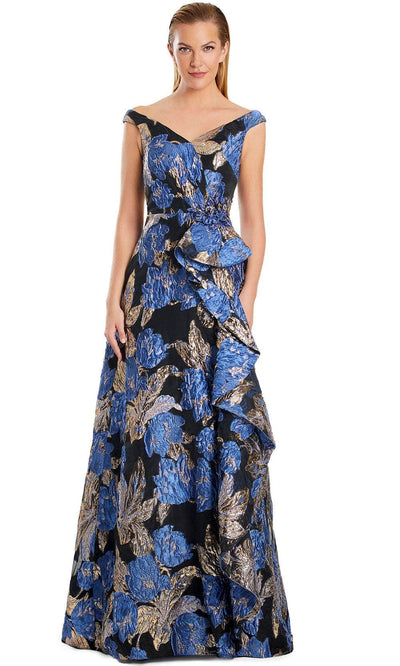 Alexander by Daymor 3095S25 - Off-Shoulder Floral Ruffled Gown Mother of the Bride Dresses 4 /  Dark Blue Gold