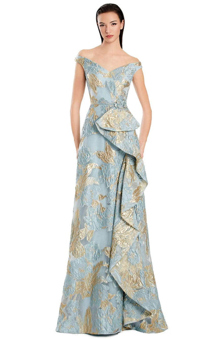 Alexander by Daymor 3095S25 - Off-Shoulder Floral Ruffled Gown Mother of the Bride Dresses 4 /  Light Blue Gold