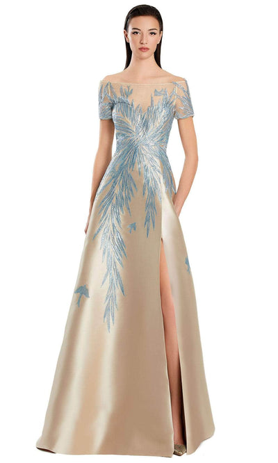 Alexander by Daymor 3096S25 - Illusion Neck Embroidered A-Line Gown Mother of the Bride Dresses 4 / Gold Blue