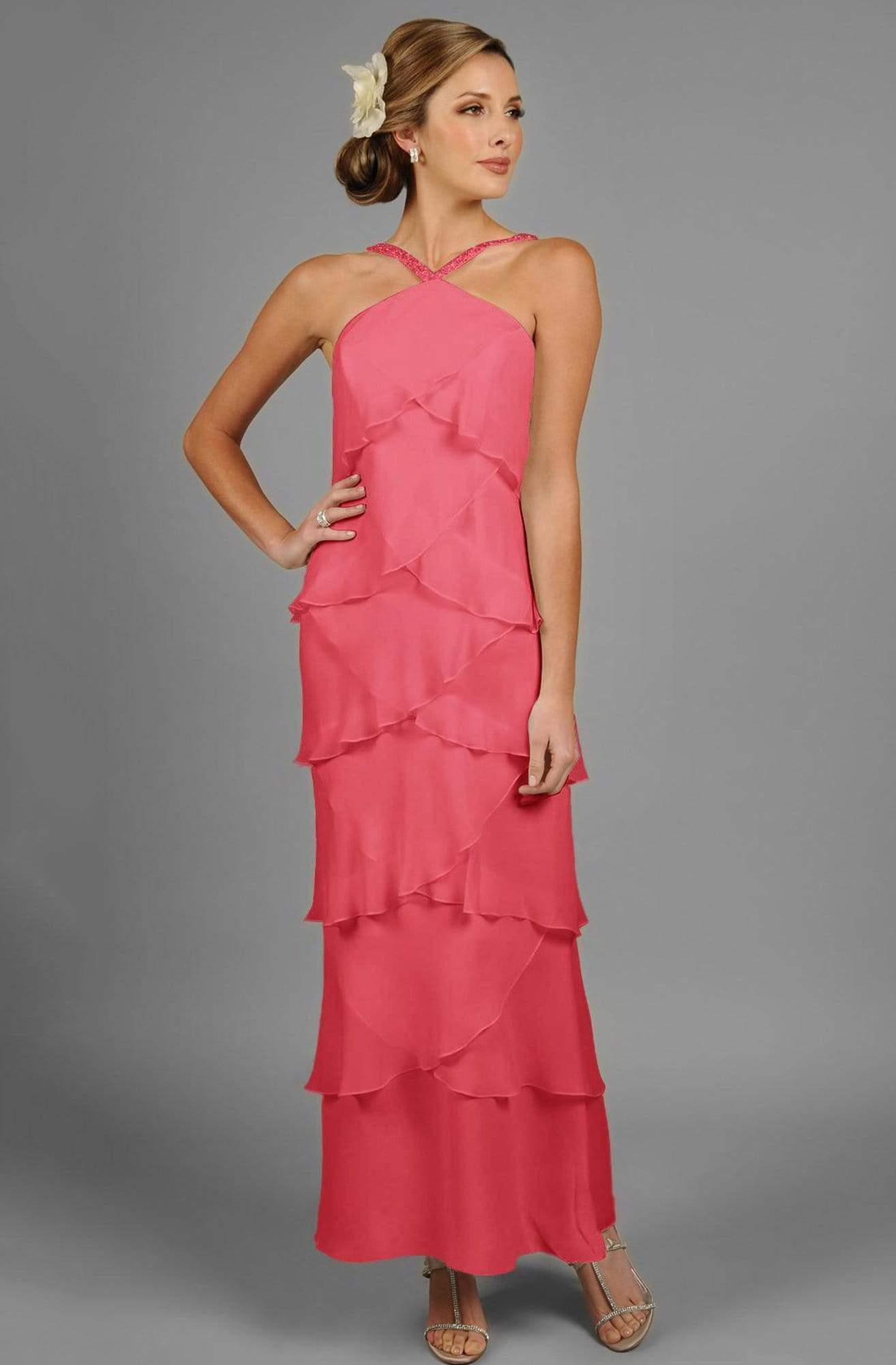 Alexander by Daymor - 3451 Beaded Halter Layered Sheath Evening Dress