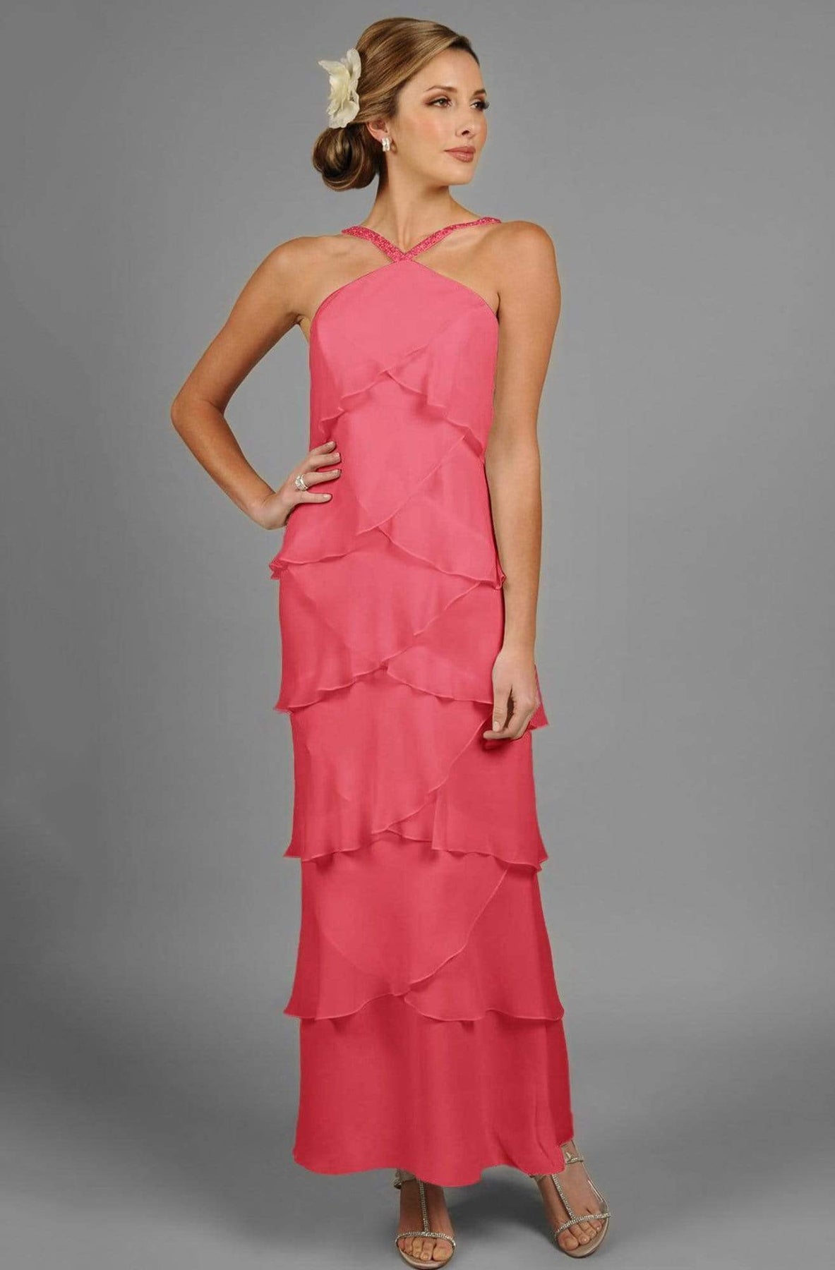 Alexander by Daymor - 3451 Beaded Halter Tiered Sheath Evening Dress Wedding Guest 2 / Melon