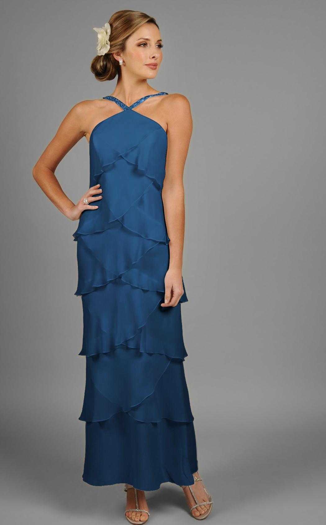 Alexander by Daymor - 3451 Embellished Halter Layered Sheath Evening Dress Wedding Guest 2 / Teal Blue