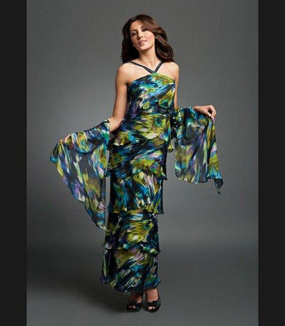 Alexander by Daymor - 3451 Ornate Strap Halter Layered Sheath Evening Dress Mother of the Bride Dresses 2 / Lagoon