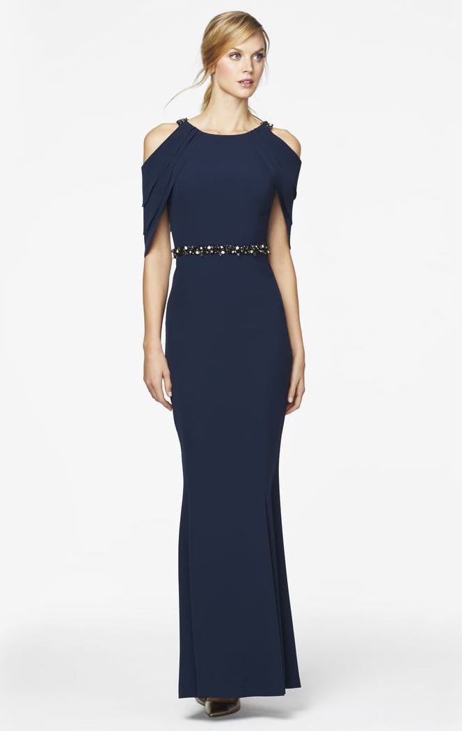 Alexander by Daymor 350 Cutaway Draped Cold Shoulder Long Sheath Gown CCSALE 10 / Midnight