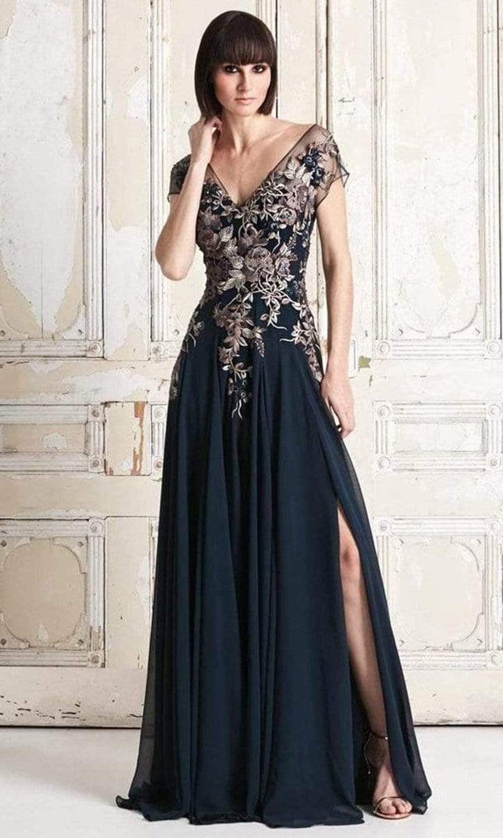 Alexander by Daymor - 758 Floral Embroidered Wide V-neck A-line Dress Mother of the Bride Dresses 2 / Navy