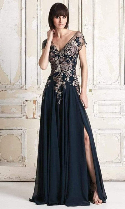 Alexander by Daymor - 758 Floral Embroidered Wide V-neck A-line Dress Mother of the Bride Dresses 2 / Navy