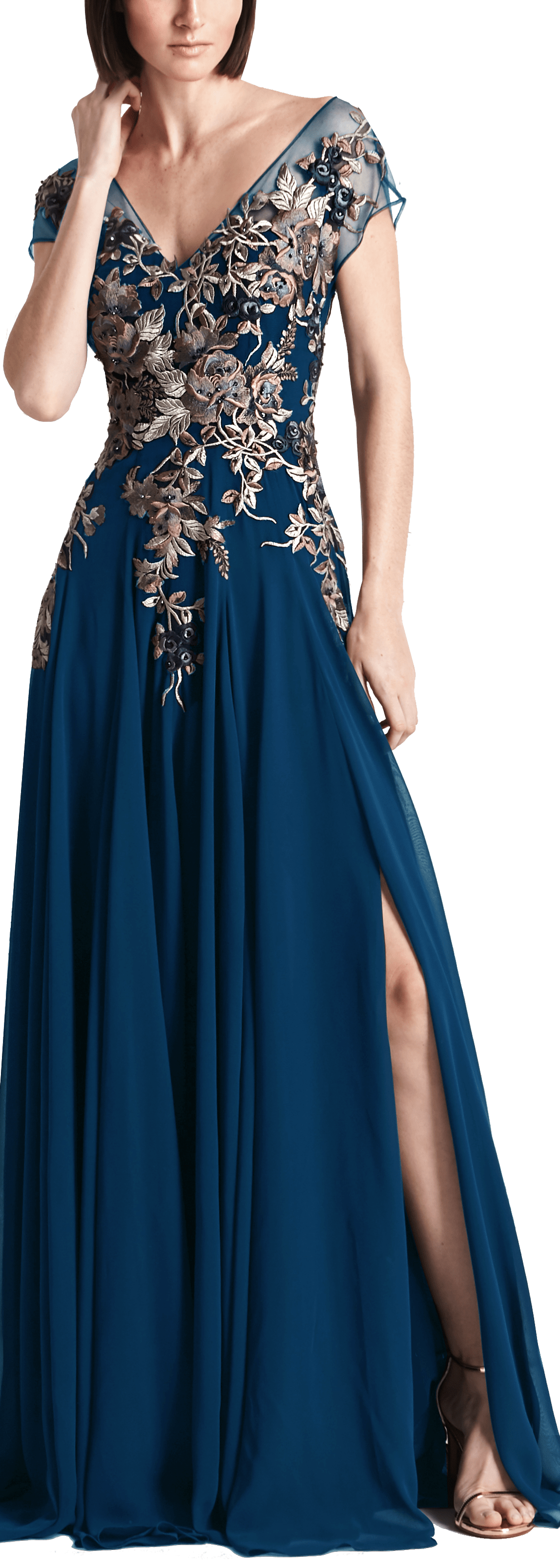 Alexander by Daymor - 758 Floral Embroidered Wide V-neck A-line Dress Mother of the Bride Dresses