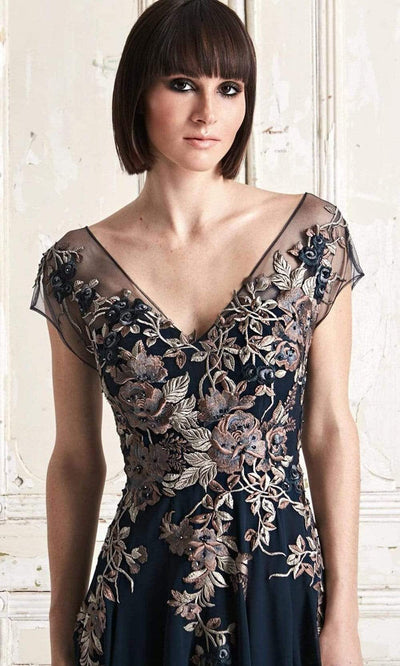 Alexander by Daymor - 758 Floral Embroidered Wide V-neck A-line Dress Mother of the Bride Dresses