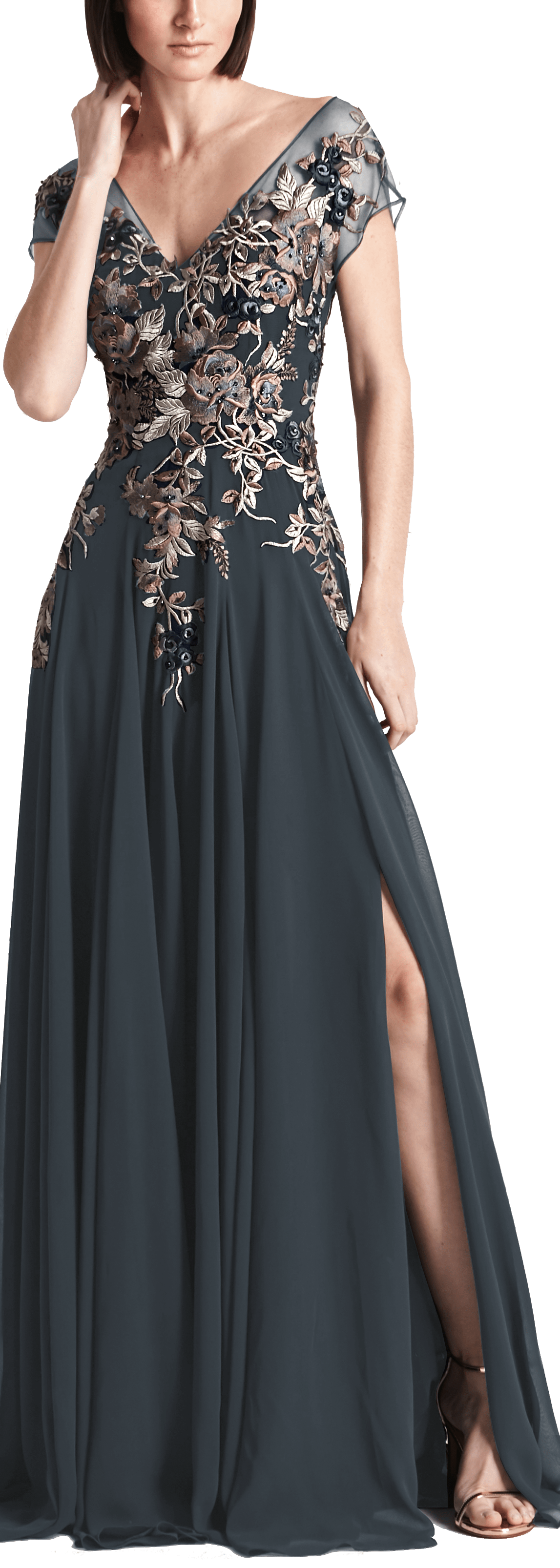 Alexander by Daymor - 758 Floral Embroidered Wide V-neck A-line Dress Mother of the Bride Dresses