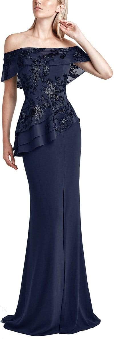 Alexander by Daymor - 773 Embroidered Off Shoulder Peplum Dress Mother of the Bride Dresses 2 / Navy