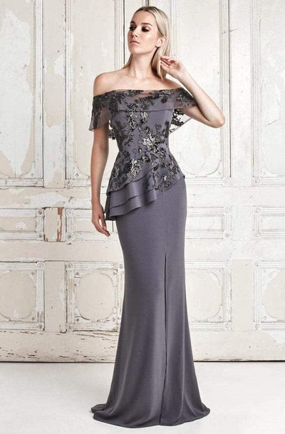 Alexander by Daymor - 773 Embroidered Off Shoulder Peplum Dress Mother of the Bride Dresses 2 / Slate