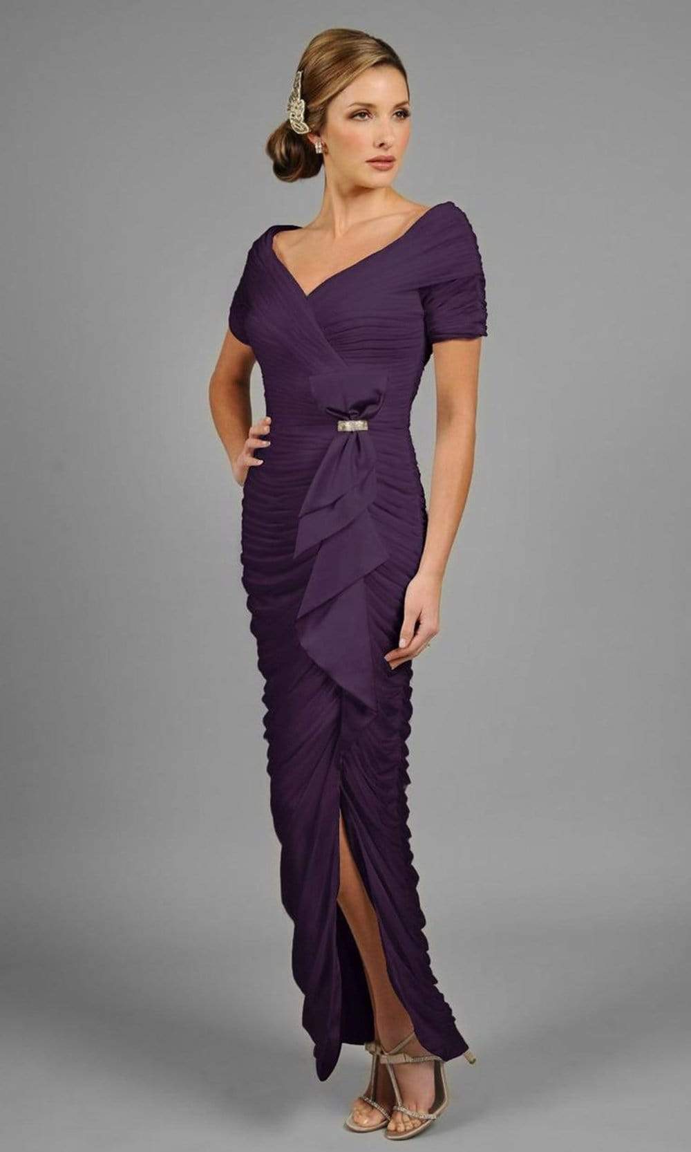 Alexander by Daymor - 8031 Shirred Off Shoulder Long Gown Mother of the Bride Dresses 2 / Aubergine