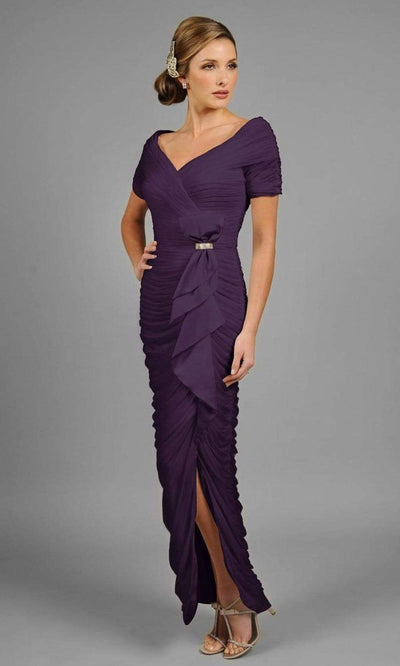 Alexander by Daymor - 8031 Shirred Off Shoulder Long Gown Mother of the Bride Dresses 2 / Aubergine