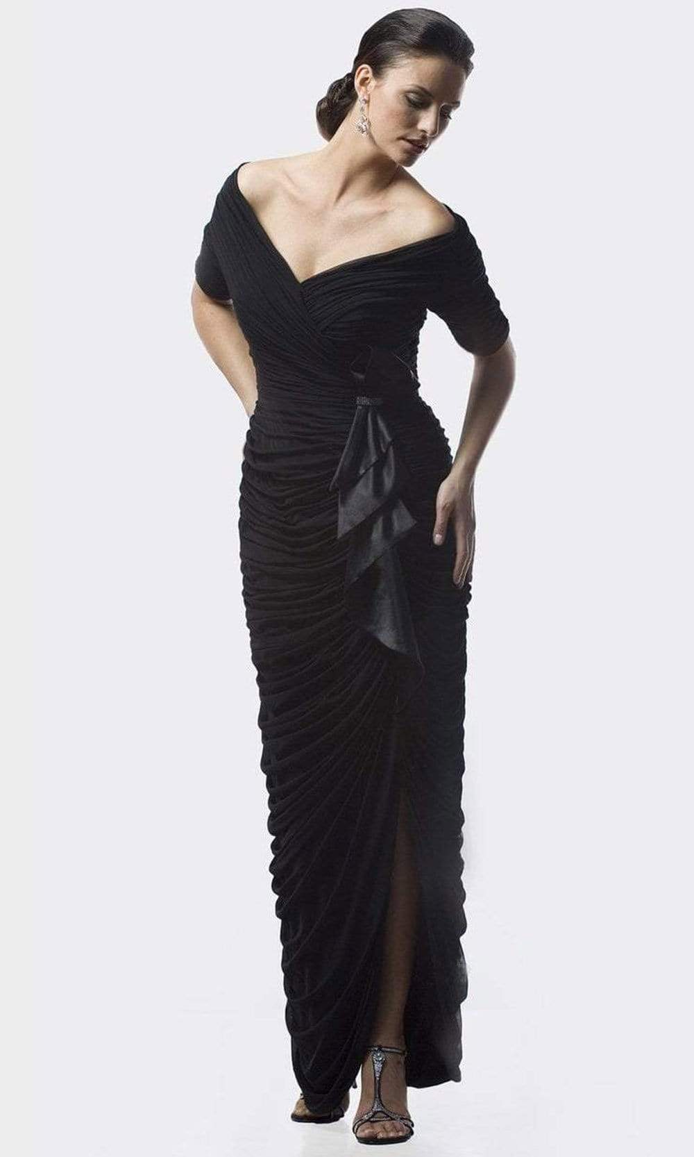 Alexander by Daymor - 8031 Shirred Off Shoulder Long Gown Mother of the Bride Dresses 2 / Black